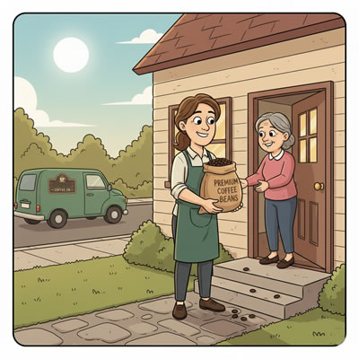 Woman delivering a bag of coffee beans